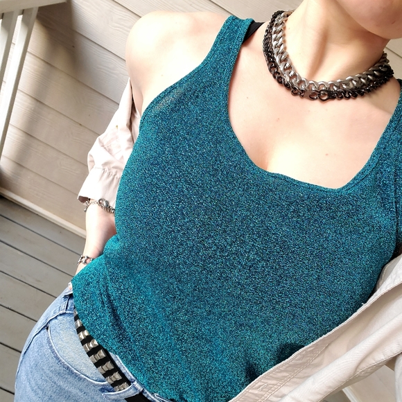 EXPRESS Glitzy Shimmery Metallic Turquoise Festive Semi-sheer Racerback Tank Top - Picture 4 of 16